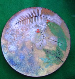   Signed Enamel on Copper Winter Holly Berry Christmas PLATE DISH