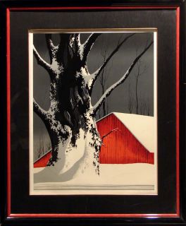 Eyvind Earle Red Barn and Tree Snow 1976 with Custom Frame Serigraph