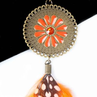 Orange Spotted Quail Feather Daisy Gem Dangle Earring