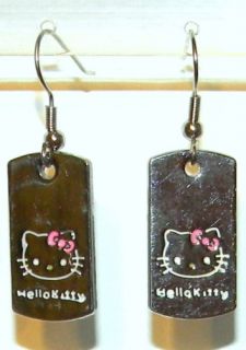 Kitty Silver Dog Tag Dangle Charm Earrings Hypo Allergenic