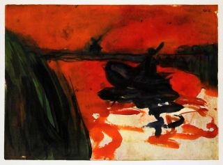 1970 Print Emil Nolde Abstract Modern Watercolor Painting Art Boat