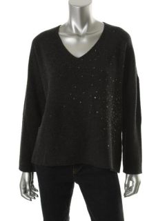 Eileen Fisher New Gray Merino Wool Sequined Front Pullover Sweater