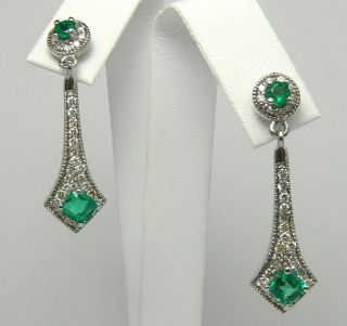  12tcw Art Deco Inspired Top Quality Emerald & Diamond Dangle Earrings