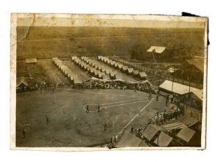 WWI Aerial View Military Soldier Baseball at Encampment Barracks