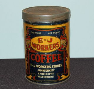 Vintage Endicott Johnson EJ Workers Stores 1 lb Coffee Tin Excellent