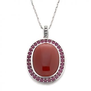  Oval Shaped Red Agate and Ruby Pendant with 18 Chain