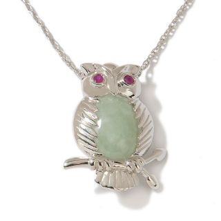  Jade and Ruby Sterling Silver Owl Pin/Pendant with 18 C