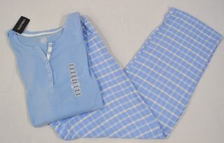 New Ellen Tracy Womens Pajama Set L s Henley Flannel Pants Blue Plaid