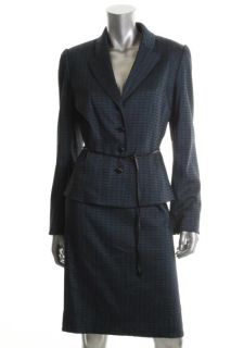 Elie Tahari Blue Pattern Two Piece Belted Jacket Straight Skirt Suit