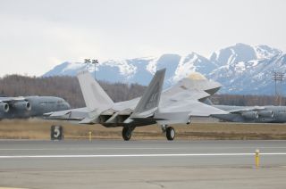  from the 525th Fighter Squadron takes off from Elmendorf AFB, Alaska
