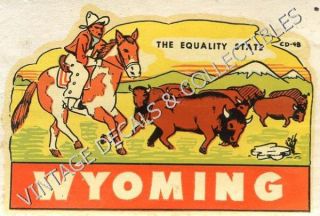 Vintage 1951 Wyoming Equality State Souvenir Auto Travel Decal Cowboy