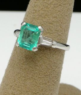 Estate Platinum Emerald Cut Emerald Ring w Baguette Diamonds