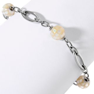 Stately Steel Mother of Pearl Mosaic Ball Station Bracelet
