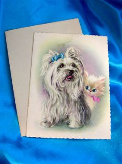 Silky Terrier Yorkie Maltese Shih Tzu Dog Cat Old Card Bologonese