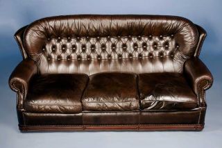 Antique Brown Leather Three Seat Chesterfield Sofa