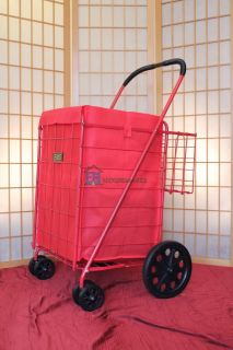  Folding Shopping Cart Red Liner Swivel Rotating Wheels Extra Basket
