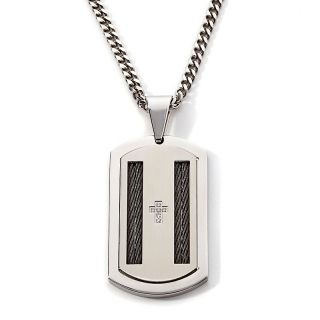 Mens Stainless Steel Cross and Black Accented Dog Tag Pendant with 24
