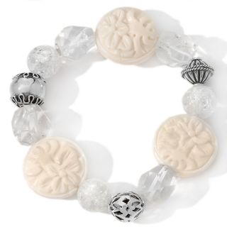 Sally C Treasures Rock Crystal and Carved Bone Sterling Silver Stretch