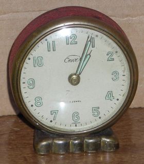 Antique Enver Travel Clock Works Germany Brass Leather