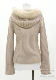 Elie Tahari Beige Rib Knit Rabbit Fur Hooded Sweater Sz M