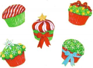 Fabric Iron on appliques Xmas cupcakes in xmas colors,2 1/2  3 inches