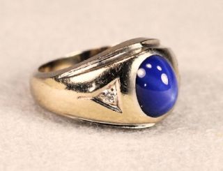 Vintage Blue Linde Star Sapphire w/ Diamonds ~ 14k Mans Ring