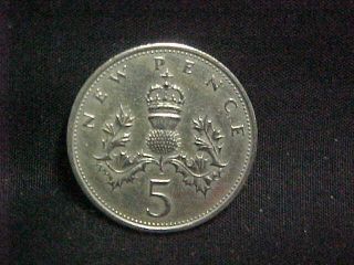 Elizabeth II D G Reg F D 5 New Pence 1969 gVF British Coin