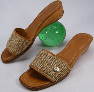 Womens Eric Javits Tan Brown Woven Sandals Slides Wooden Heels Shoe Sz