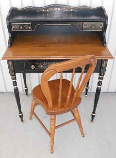 Ethan Allen Stenciled Hitchcock Style Desk & Chair black painted, nice