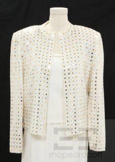 St John Evening 3pc Cream Knit Silver Gold Sequin Jacket Shell Skirt 6