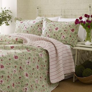 Laura Ashley Emily Rose Floral Green Cranberry Pink 3pc Full /Queen
