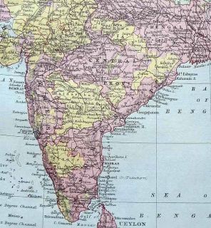 C1880 Indian Empire w Malaysia Inset Antique Color Map Railroad Lines