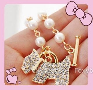 New White Faux Pearl Golden Plated Dog Crystal Chain Charm Bracelet