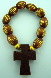   Womens 2 1 4 Round Brown Oval Wood Bead Tau Cross Finger Rosary Ring