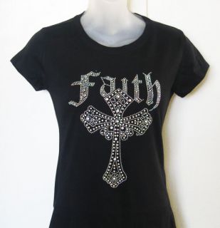  Rhinestone Iron on Faith Cross Black T Shirt Shirt Women New