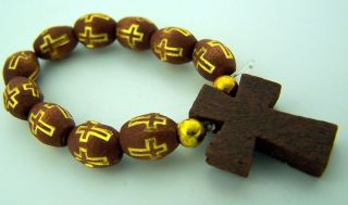  Womens 2 1 4 Brown Wood Bead Tau Cross Cord Finger Rosary Ring