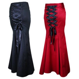 Long Fishtail Corset Skirt Gothic Lace Up Rockabilly Retro Punk Black