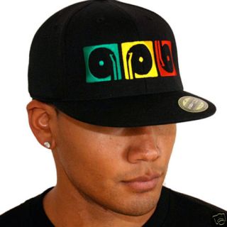 Record Playaz Rasta DJ Fitted Flat Bill Cap Hat Flexfit