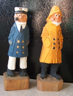 Vintage Carved Wooden Figures of Old Salt and The Captain