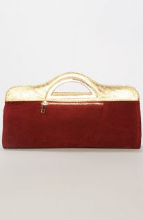  suedette clutch with metallic handle in burgundy sale $ 13 95 $ 55 00