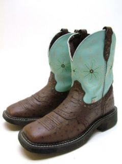 Women L9981 Justin Gypsy Aqua Brn Faux Ostrich Cowboy Western Boots 6