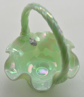 Fenton Carnival Glass Light Green Basket 1990s Hand Made Collectible