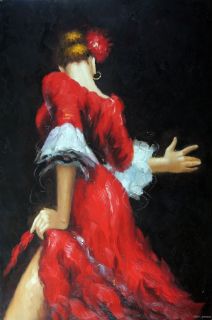 Spanish Dancer Flamenco Brunette Beauty Red Dress Flowers 24x36 Oil