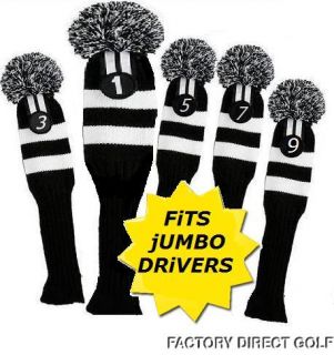 Traditional Black and White Pom Pom Headcovers for Golf Clubs.