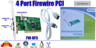 USB 4 Port Firewire IEEE PCI Hub 6 Pin Card Cable Vista