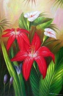 Lily Flower Garden White and Red Close Up 24x36 Oil on Canvas Floral