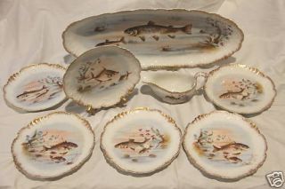 Antique Limoges Fish Platter Set for Six w Gravy 19c