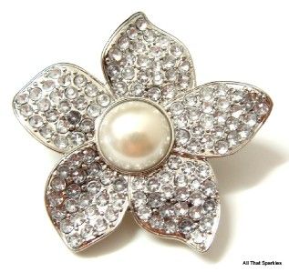 Large Fashion Cocktail Flower Crystal Faux Pearl Stretch Ring
