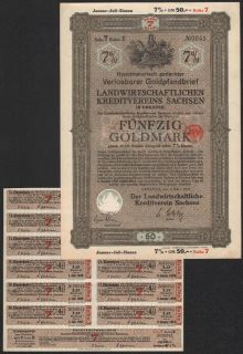 1931 Dresden Germany 50 Goldmark Uncancelled Gold Bond with Coupons