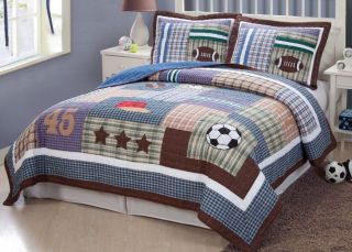 Sports Football Field Soccer Boys Blue Twin Full Queen Quilt Bedding